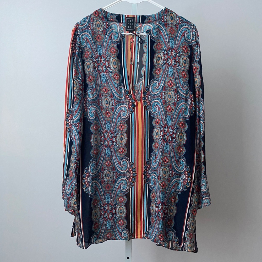 Due Per Due Boho Beachy Relaxed Shabby Slouchy Paisley Tunic Top 10 Multi
